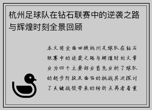 杭州足球队在钻石联赛中的逆袭之路与辉煌时刻全景回顾